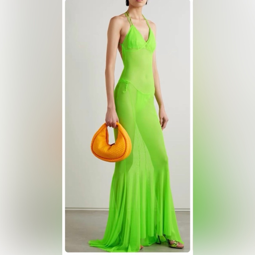 NWT Norma Kamali Neon Green Mesh Strappy Mermaid Maxi Dress